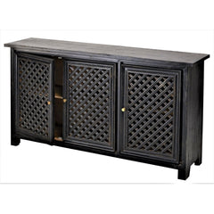 Jali Hand Carved Indian Solid Wood 3 Door Sideboard With Brass Knob Black