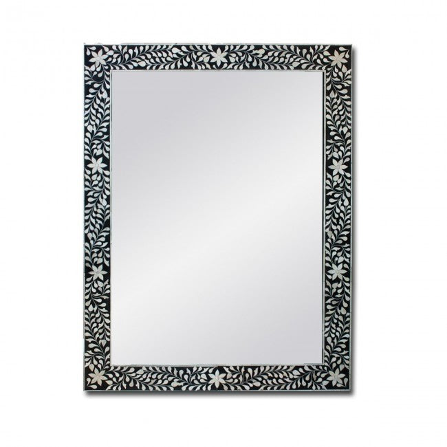 Maaya Bone Inlay Mirror Frame White Black Floral Pattern