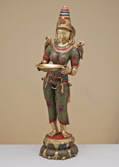 Indian Handmade Deeplakshmi Brass Statue With Inlay Work