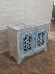 Indian Antiques Hand Carved Two Door Cabinet Sideboard Turquoise