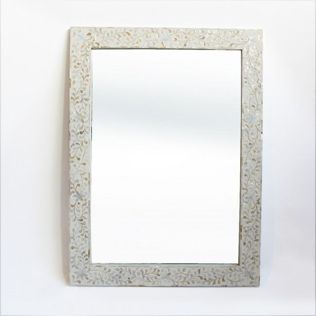 Maaya Bone Inlay Mirror Frame White Floral Pattern 90cm