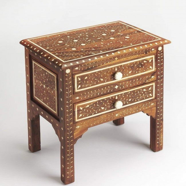 Maaya Bone Inlay Teak Bedside Cabinet Table Brown Floral