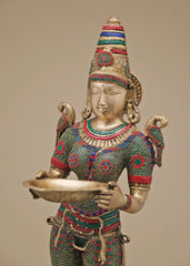 Indian Handmade Deeplakshmi Brass Statue With Inlay Work