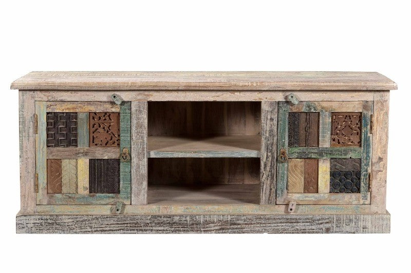 Rainbow Block Print Reclaimed boat wood Carved Panel Entertainment Unit TV Stand 153X45X61 CM