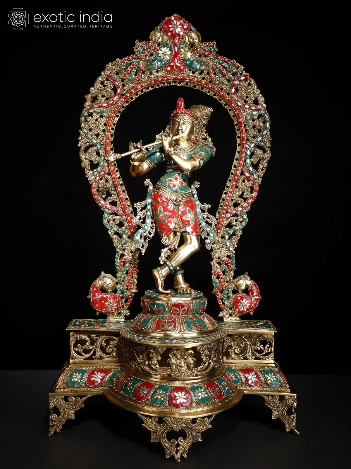 Indian Lord Krishna Playing Flute Brass Statue With Inlay Work