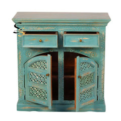 Indian Hand Carved Solid Wood Cabinet Light Blue D135