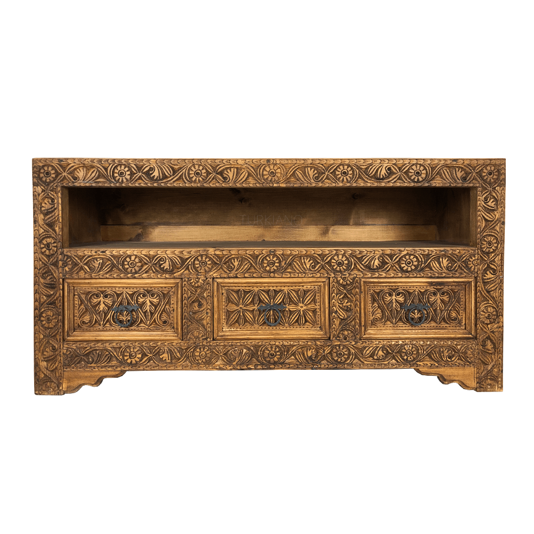 Indian Hand Carved Solid Wooden TV Unit 03