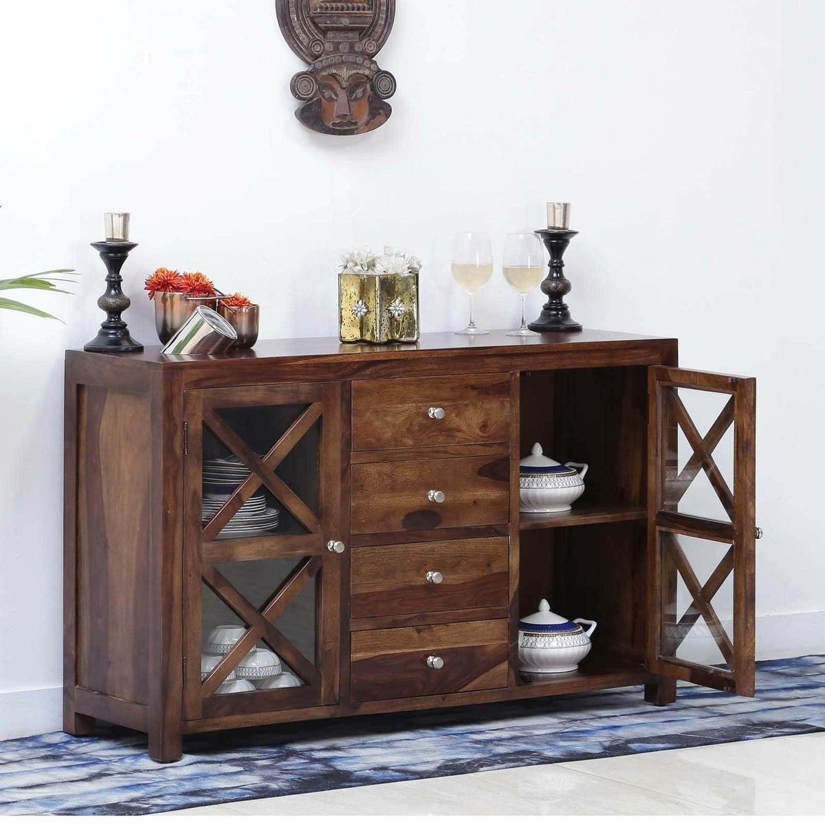 Contemporary X Design Solid wood Sideboard Brown