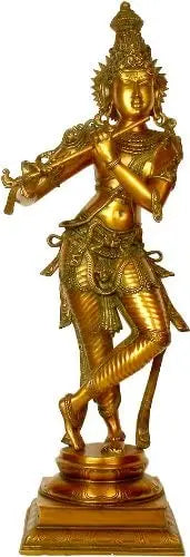 Indian Lord Krishna Playing Flute Brass Statue