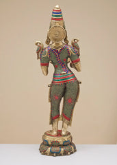 Indian Handmade Deeplakshmi Brass Statue With Inlay Work