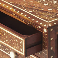 Maaya Bone Inlay Teak Bedside Cabinet Table Brown Floral