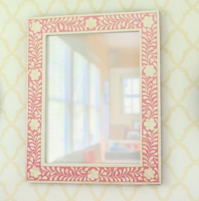 Maaya Bone Inlay Mirror Frame Pink White Floral Pattern