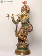 Indian Lord Krishna Playing Flute Brass Statue With Inlay Work
