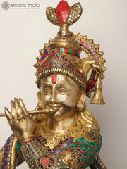 Indian Lord Krishna Playing Flute Brass Statue With Inlay Work