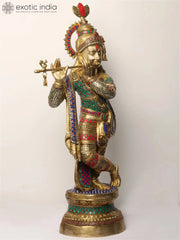Indian Lord Krishna Playing Flute Brass Statue With Inlay Work