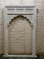 Indian Hand Carved Mughal Arch Mirror Frame White 140x230 cm  -  