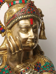 Indian Lord Krishna Playing Flute Brass Statue With Inlay Work