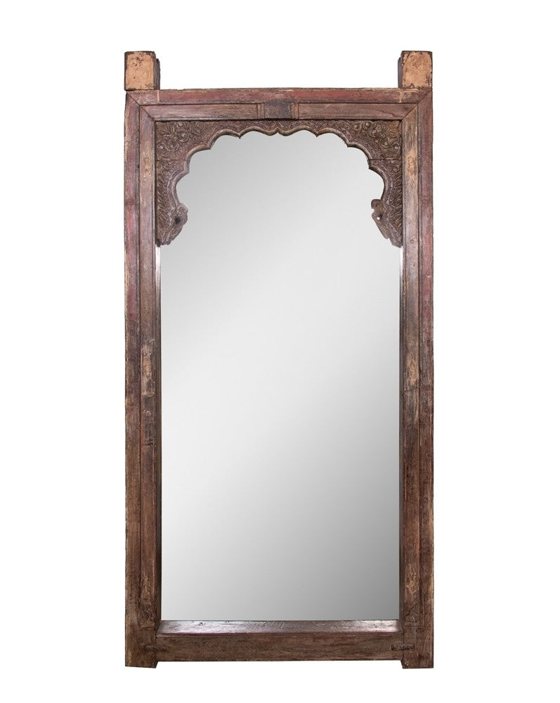 Hand Carved Indian Arch Mehrab Window Frame Mirror Chocolate Brown  -  