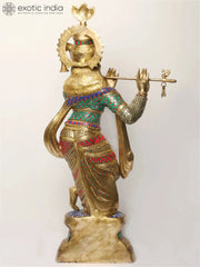 Indian Lord Krishna Playing Flute Brass Statue With Inlay Work