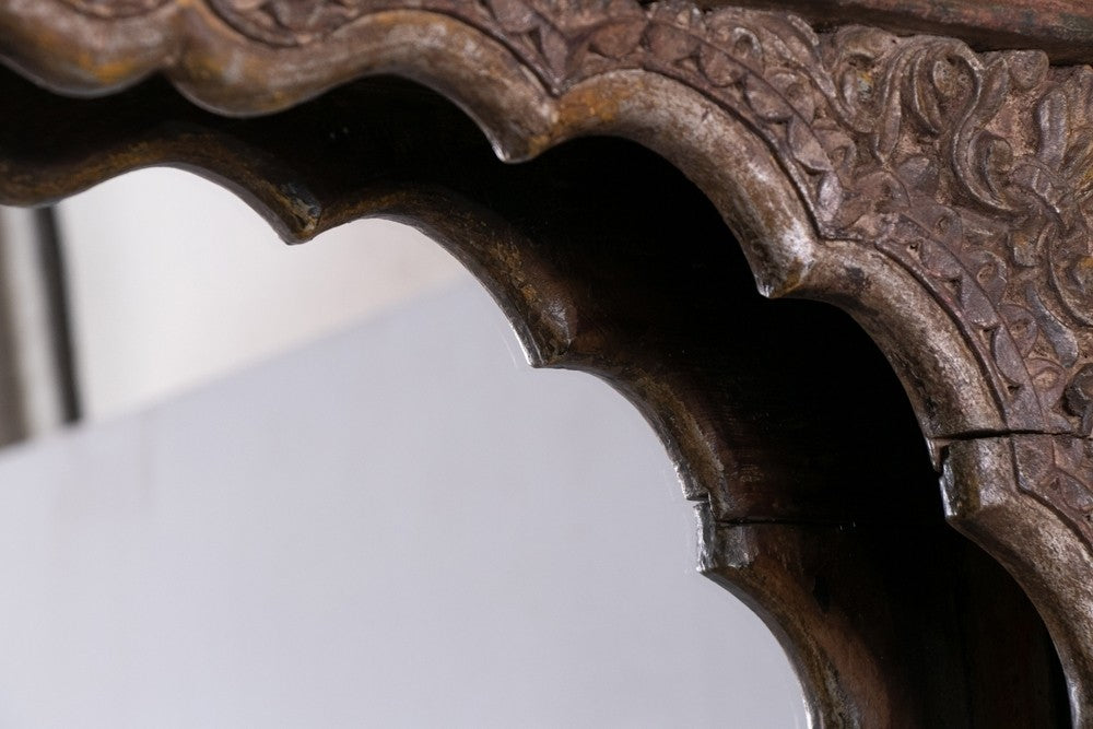 Hand Carved Indian Arch Mehrab Window Frame Mirror Chocolate Brown  -  