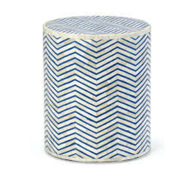 Maaya Bone Inlay Round Drum Side Table Blue Zigzag L