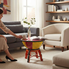 Indian Hand Painted Solid Wood Drum Coffee Table C149