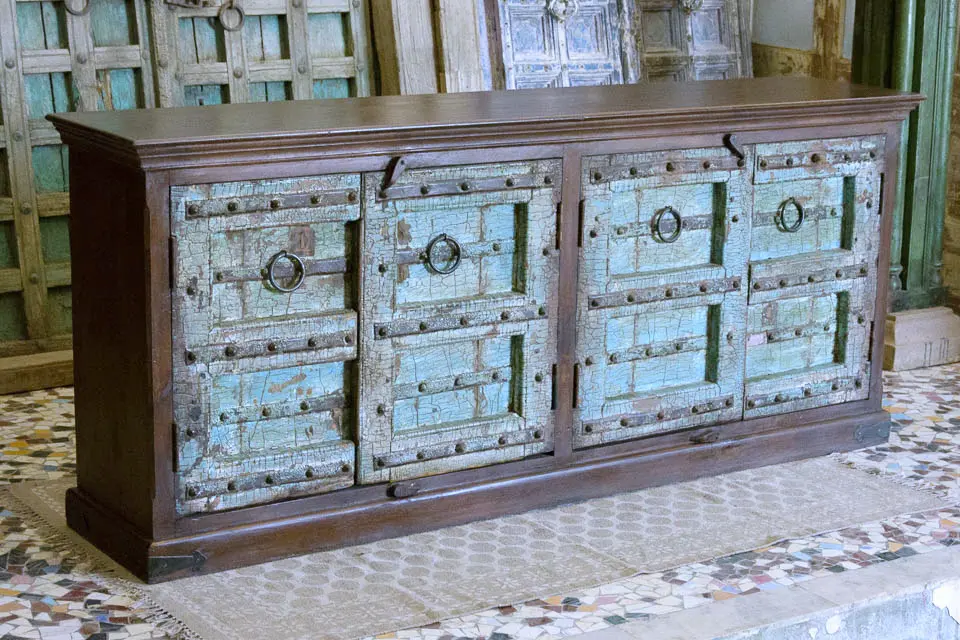 Antique Indian Old Door Solid Wooden Sideboard Blue 211x45x91cm A0397