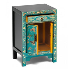 Golden Dragon Oriental Painted Solid Wood Blue Bedside Cabinet 40x35x60cm