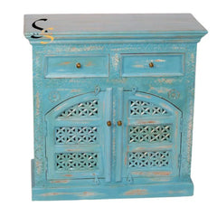 Indian Hand Carved Solid Wood Cabinet Light Blue D135