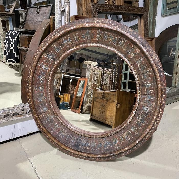 Mughal Hand Painted Indian Solid Wood Round Wall Mirror Frame 120 x 120 cm