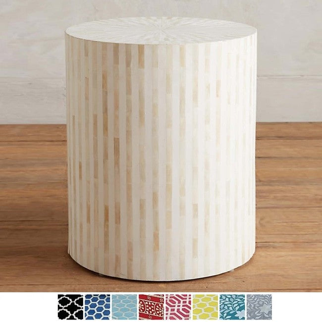 Maaya Bone Inlay Round Drum Side Table White Striped L