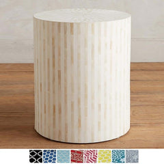 Maaya Bone Inlay Round Drum Side Table White Striped L