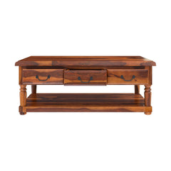 Indian Solid Wood Baluster Coffee Table With 3 Drawer Brown