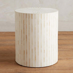 Maaya Bone Inlay Round Drum Side Table White Striped L