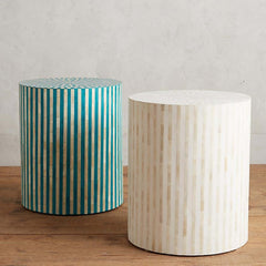 Maaya Bone Inlay Round Drum Side Table White Striped L