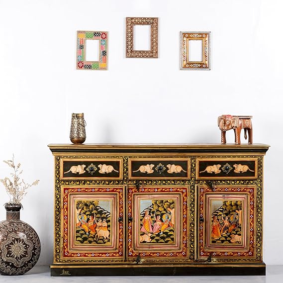 Hand Painted Mango Wood Sideboard In Multi-Colour