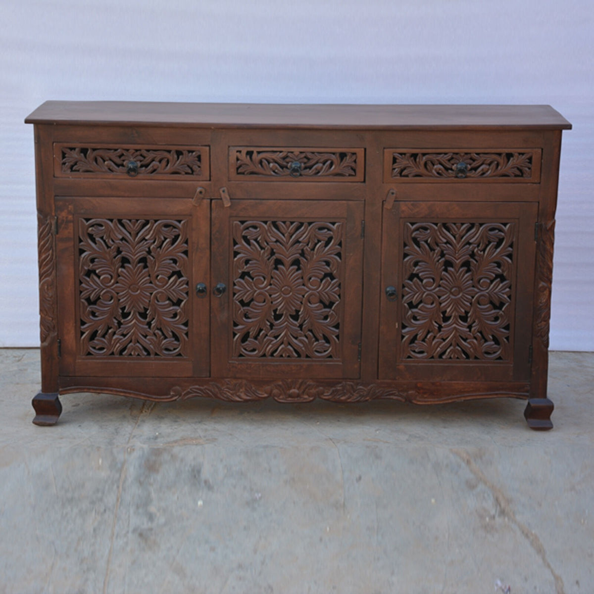 Dynasty Carved Jali Door Solid Wood Sideboard Brown