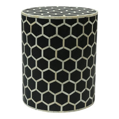 Maaya Bone Inlay Round Drum Side Table Black Honeycomb L