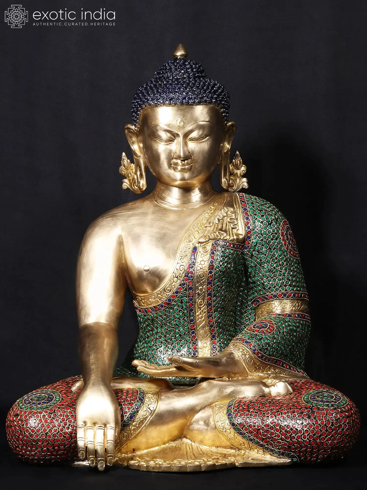 Indian Buddha Tibetan Buddhist Buddha In Brass Statue With Stone Work