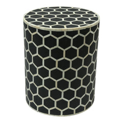 Maaya Bone Inlay Round Drum Side Table Black Honeycomb L