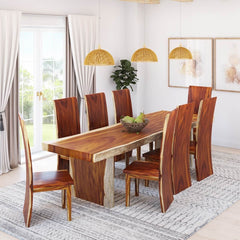 Solid Wood Single Slab Live Edge Dining Table and 8 Chair Set Brown