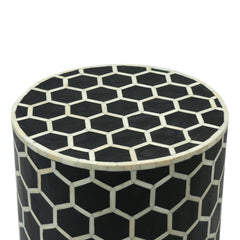 Maaya Bone Inlay Round Drum Side Table Black Honeycomb L