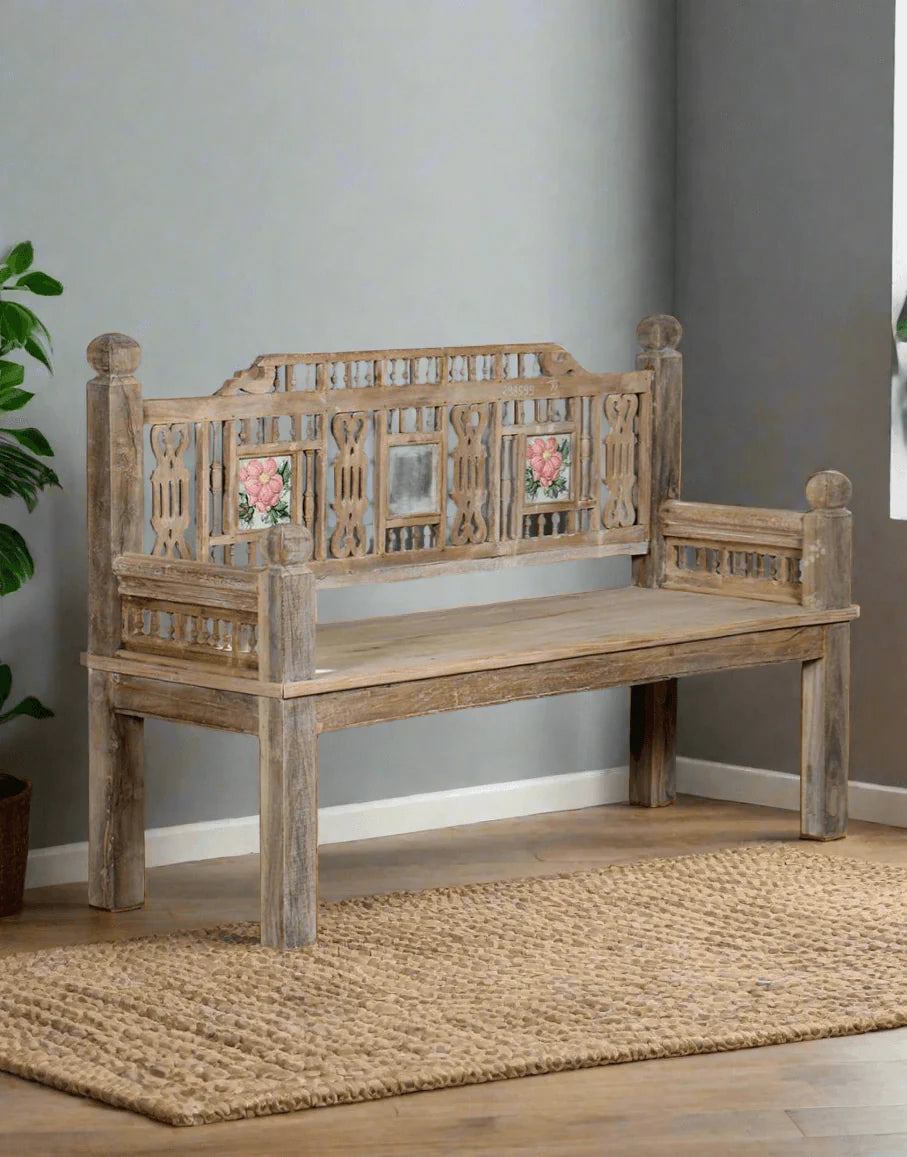Indian Hand Carved Reclaimed Wood Bench B9
