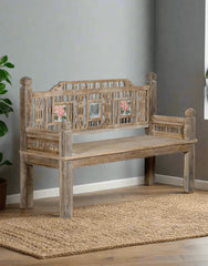 Indian Hand Carved Reclaimed Wood Bench B9