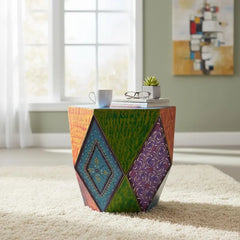 Indian Hand Painted Solid Wood Drum Coffee Table C150