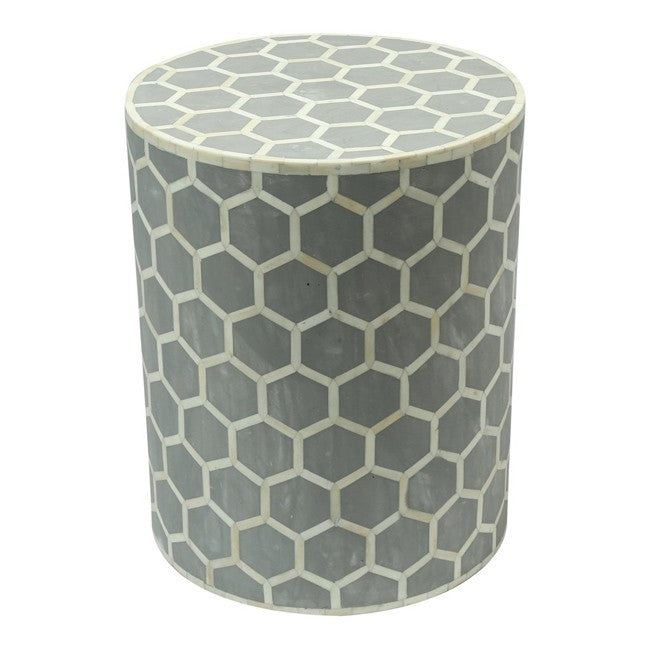 Maaya Bone Inlay Round drum Side Table Grey Honeycomb L