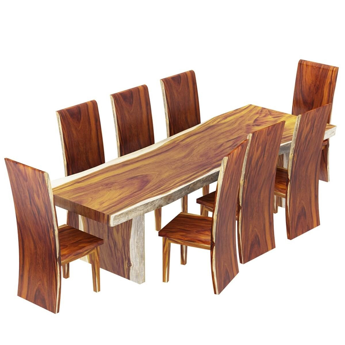 Solid Wood Single Slab Live Edge Dining Table and 8 Chair Set Brown