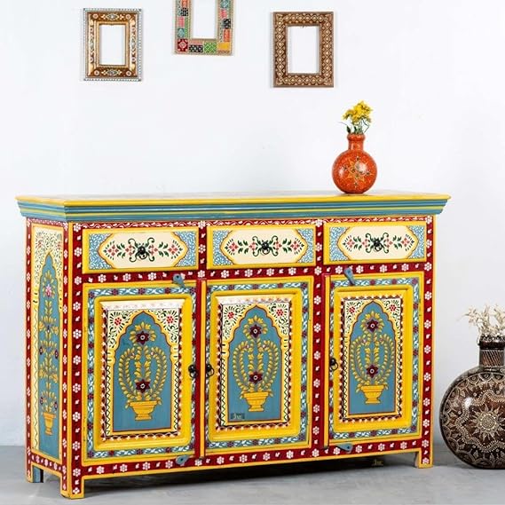 Hand Painted Mango Wood Sideboard In Multi-Colour