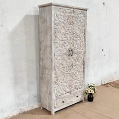 Indian Handmade Solid Hard Wood Cabinet Almirah Floral Carving in Whitewash 95x40x200Cm