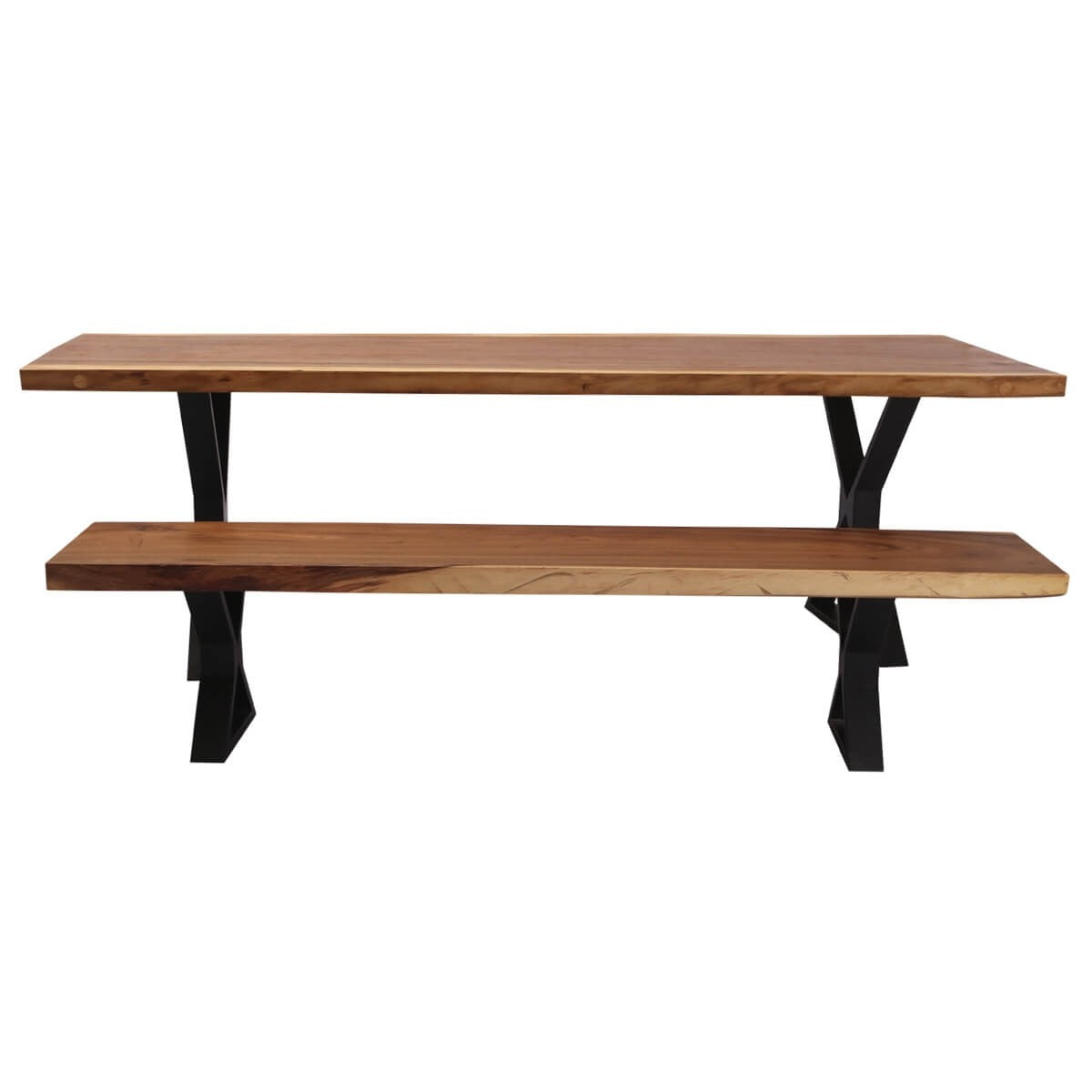 Solid Wood Iron Base Live Edge Dining Table With Bench Set Natural